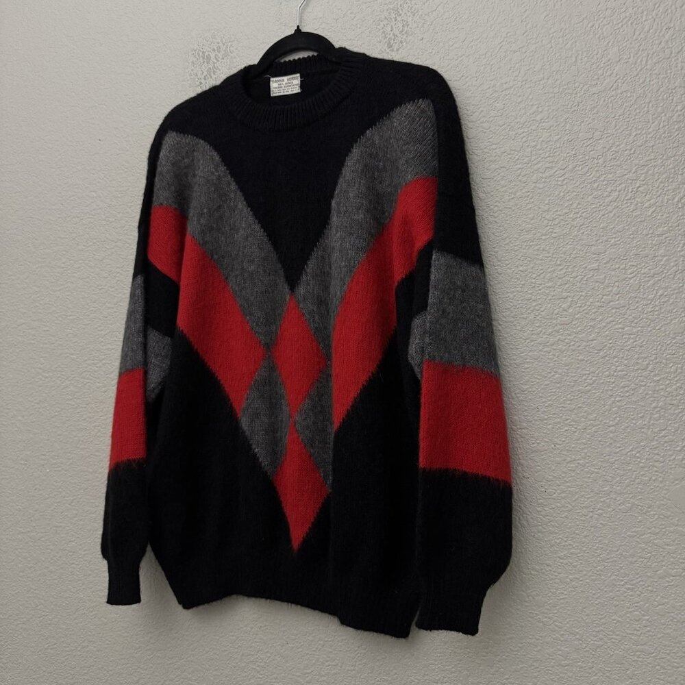 100% Alpaca Sweater Black Red Gray Argyle Peru Knit Pullover Danna Sonko - Picture 6 of 10